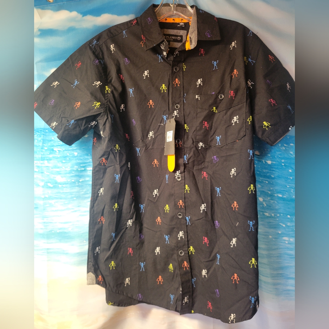 Free Planet Nwt Men Short Sleeve Button Down Dancing Skeleton Shirt Size Medium
